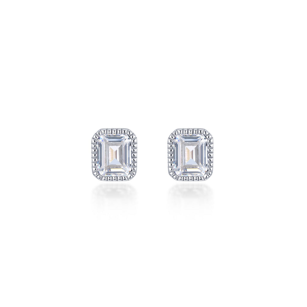 Emerald-cut simulated diamond earrings in silver.