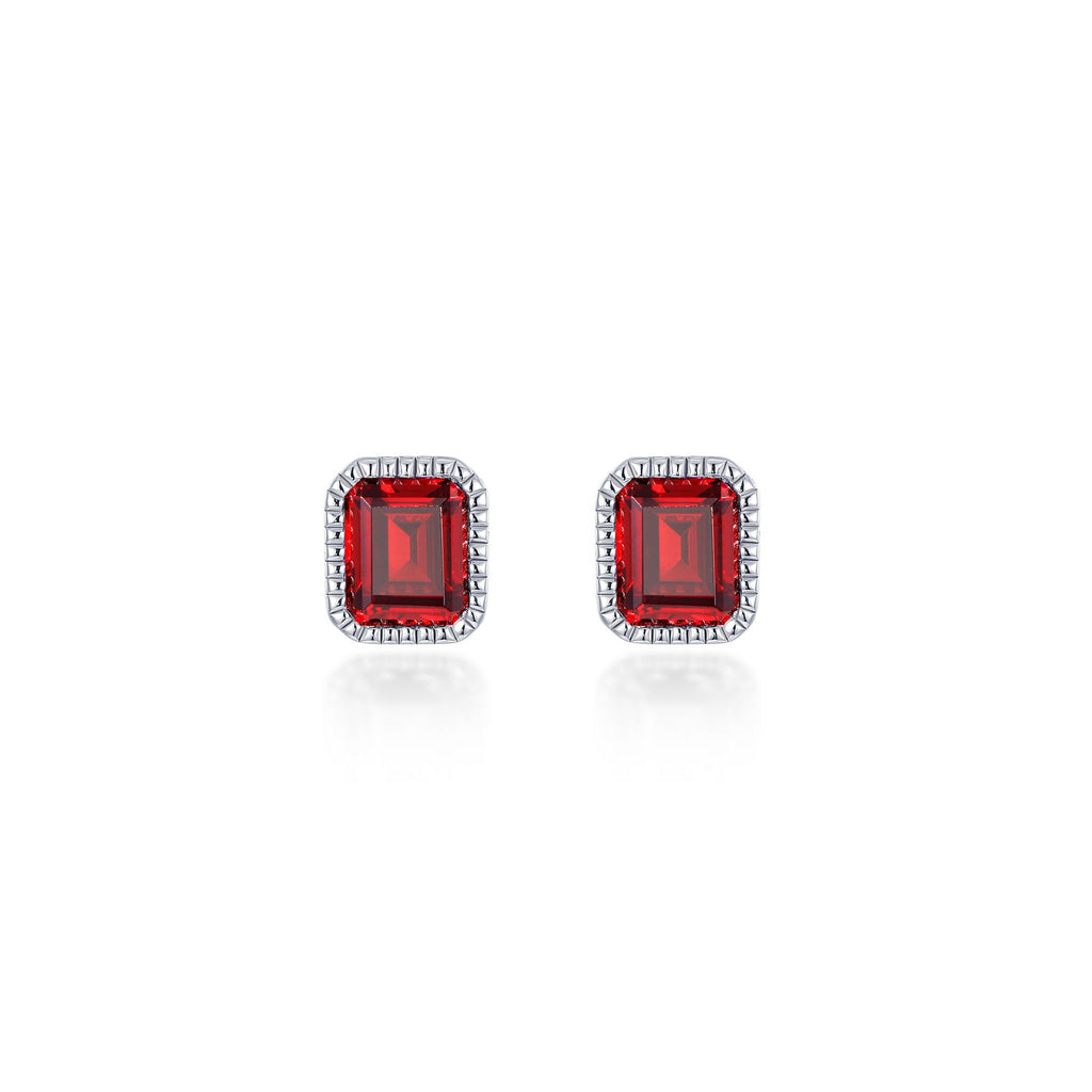 Emerald-cut red garnet stud earrings.