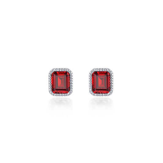 Emerald-cut red garnet stud earrings.