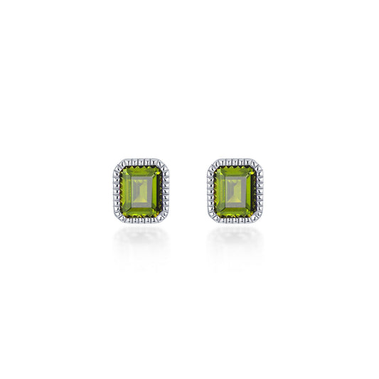 Emerald-cut peridot stud earrings in silver.