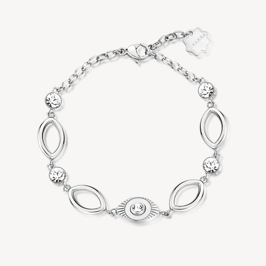 White stainless steel bracelet with simulated diamonds.