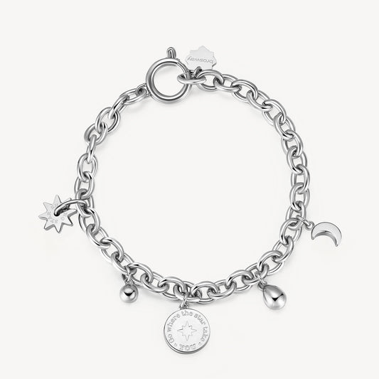 White stainless steel bracelet with charms.