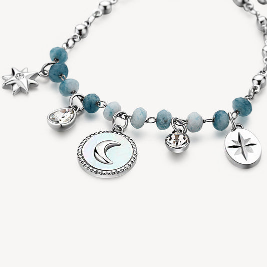 Stainless steel bracelet with blue gemstones.