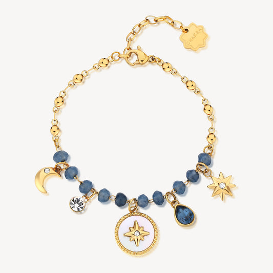 Yellow stainless steel bracelet with blue gemstones.