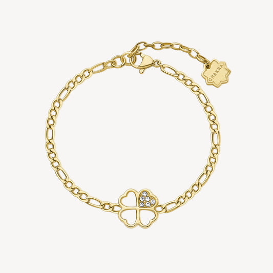 Yellow stainless steel bracelet with clover charm.