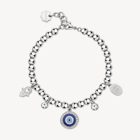 Stainless steel bracelet with charms.