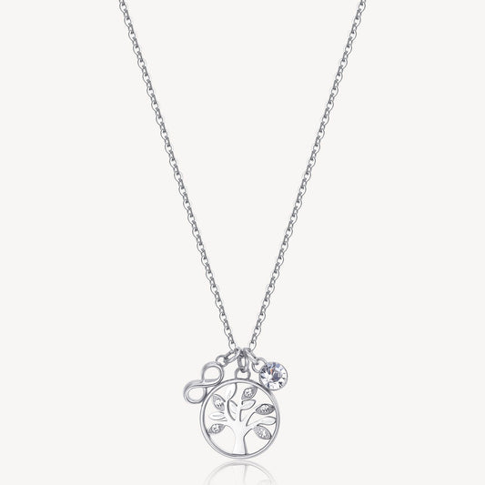 Stainless steel necklace with tree and diamond charms.