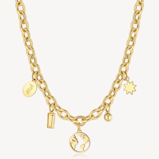 Yellow stainless steel necklace with globe charms.