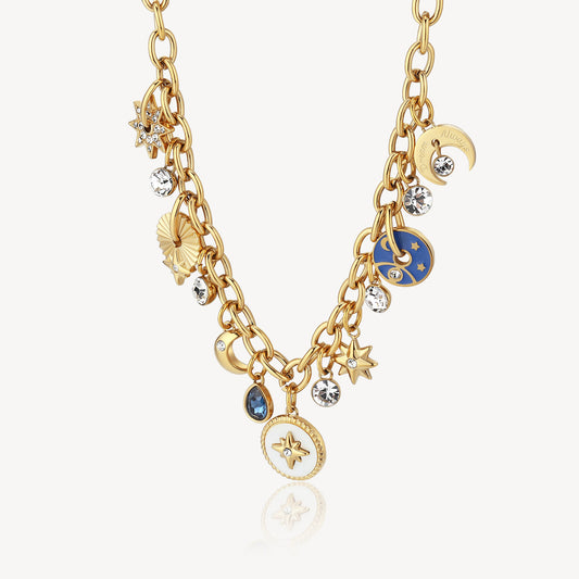 Yellow stainless steel necklace with colorful gemstones.