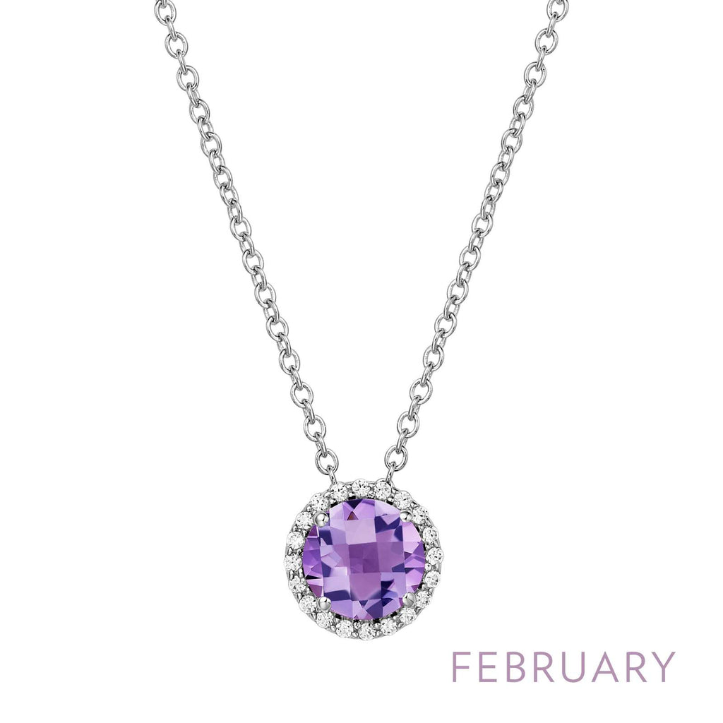 Round amethyst pendant with diamond accents.
