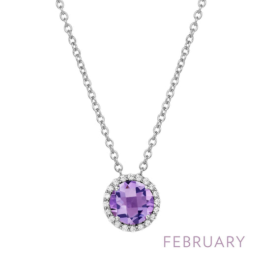 Round amethyst pendant with diamond accents.