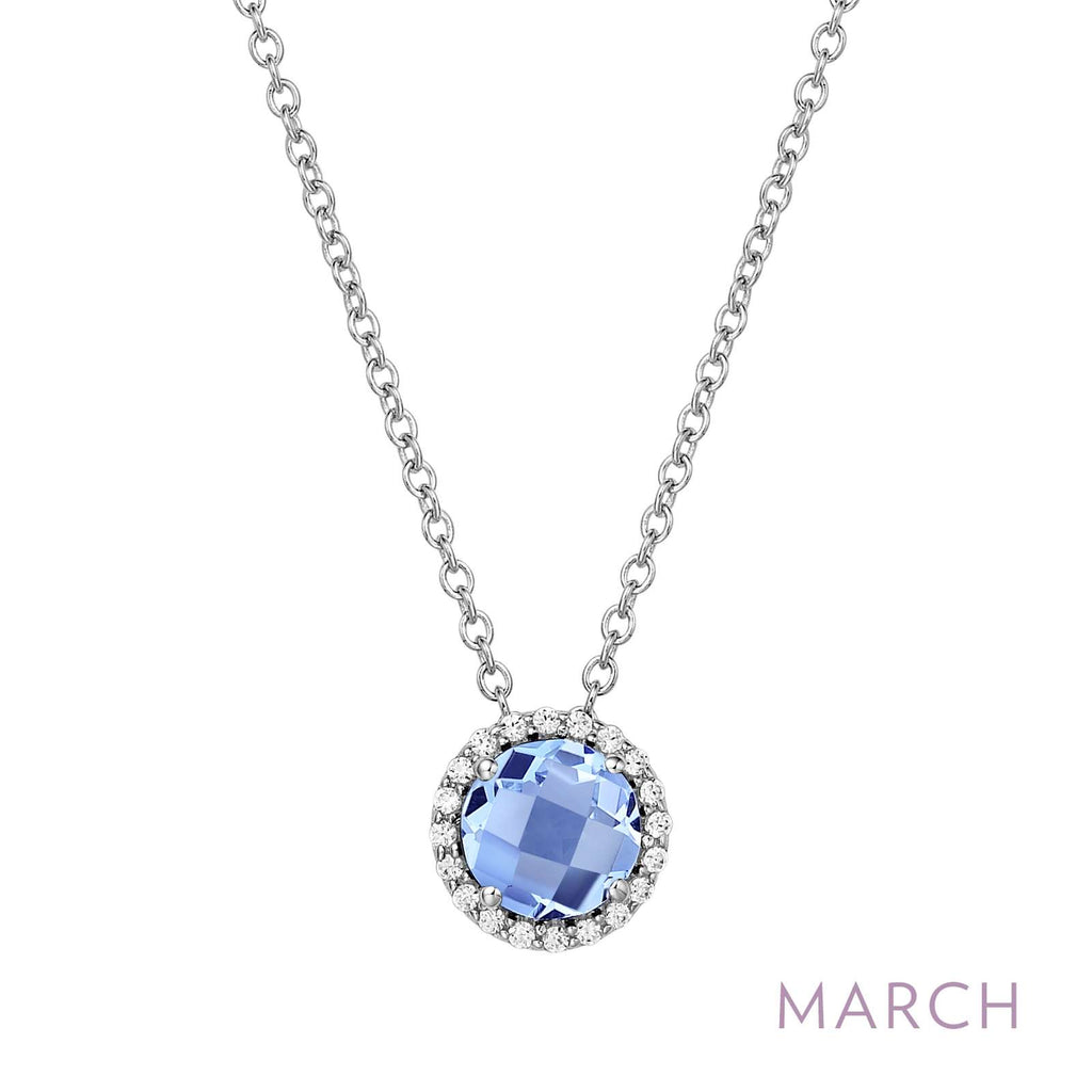 Simulated aquamarine pendant with diamond accents.