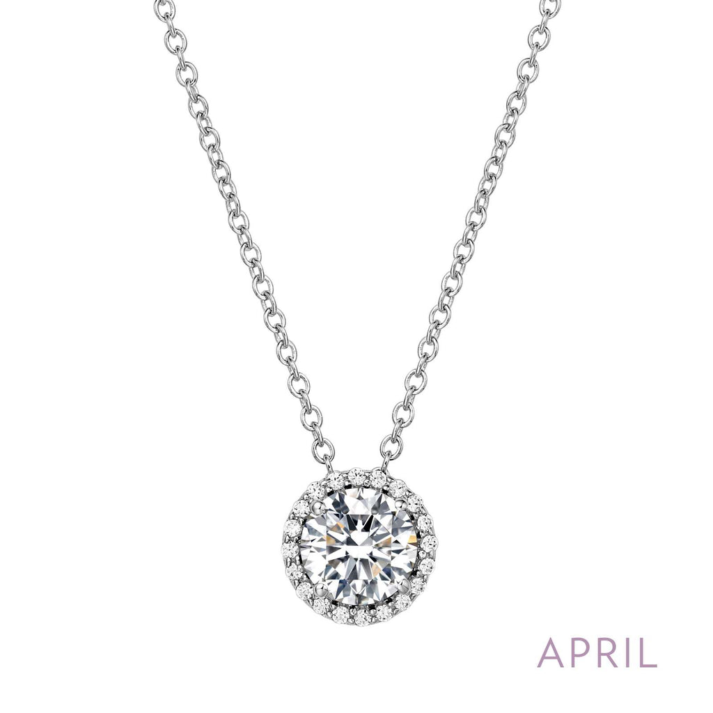Simulated diamond pendant on silver chain.