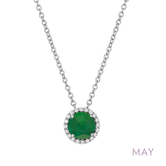 Simulated emerald pendant with diamond accents.