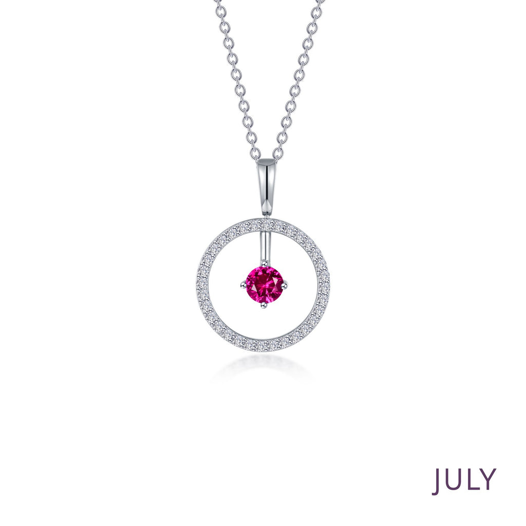 Silver necklace with pink gemstone pendant.