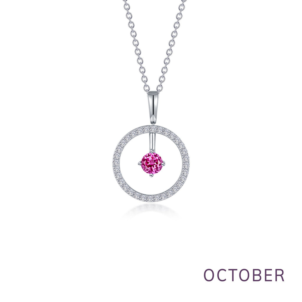 Pink gemstone circle pendant necklace.