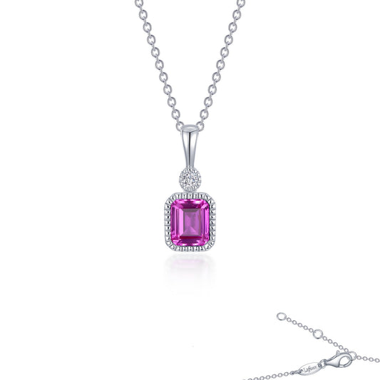 Emerald-cut pink tourmaline pendant necklace.