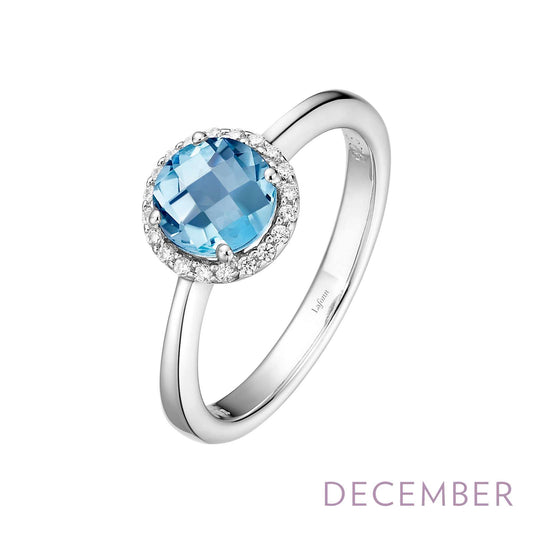 Blue topaz ring with diamond halo.