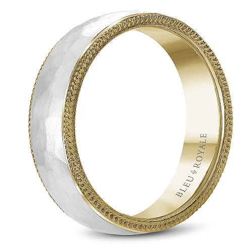 Two-tone carved gold band, satin finish.