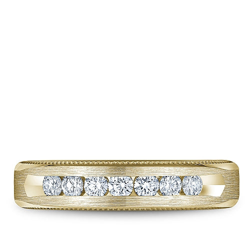 Yellow gold band with seven round diamonds.