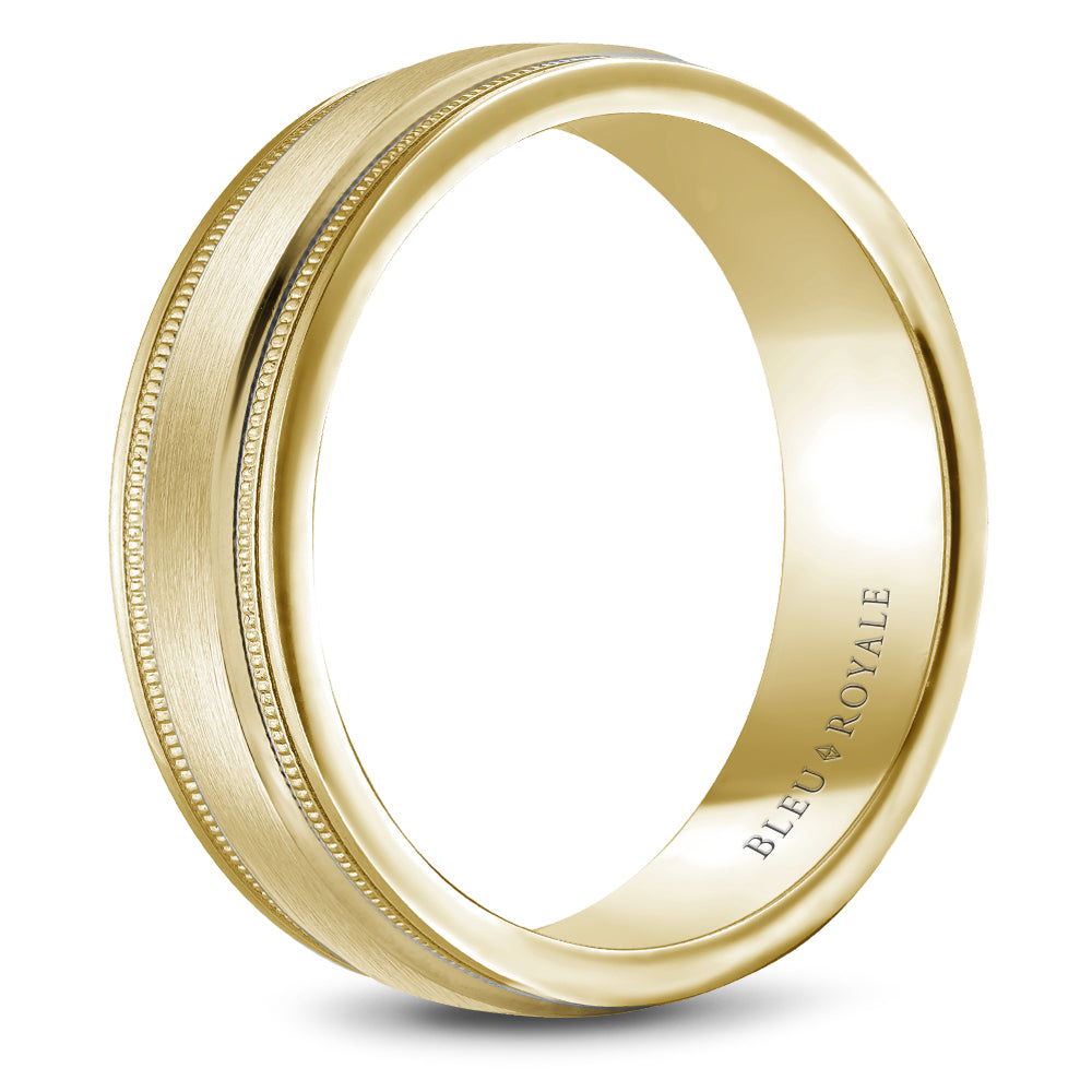 Yellow gold carved band, polished satin finish.