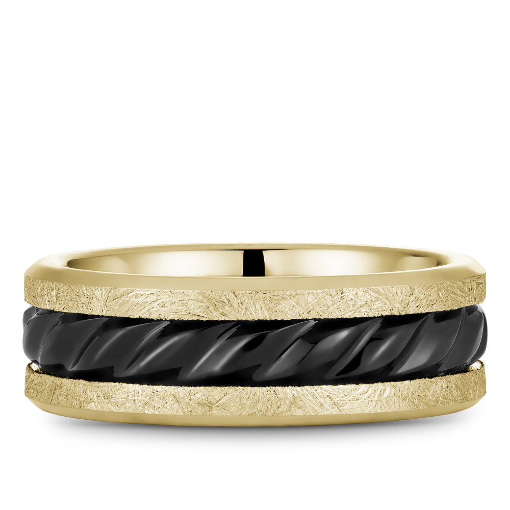 Black-yellow carved gold band, intricate texture.