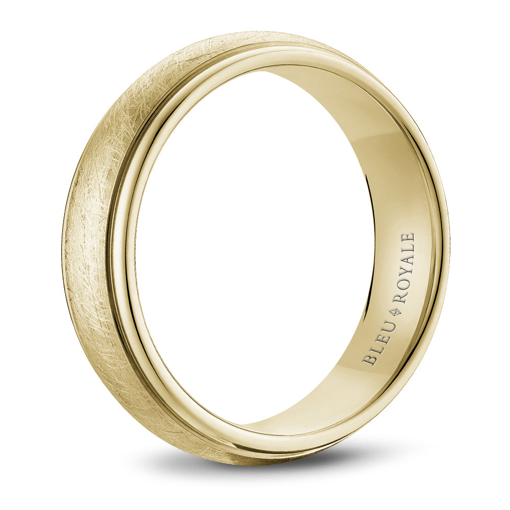 14K yellow gold carved band, diamond-brushed finish.