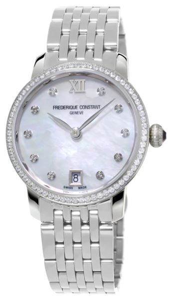 Frederique Constant Slimline Ladies Timepiece with 0.56ctw Round Diamonds, Clarity: VS2, Color: H, Quartz Movement, 30mm Case, White Mother Of Pearl Dial, Sapphire Crystal, 3 ATM Water Resistance FC-220MPWD1SD26B