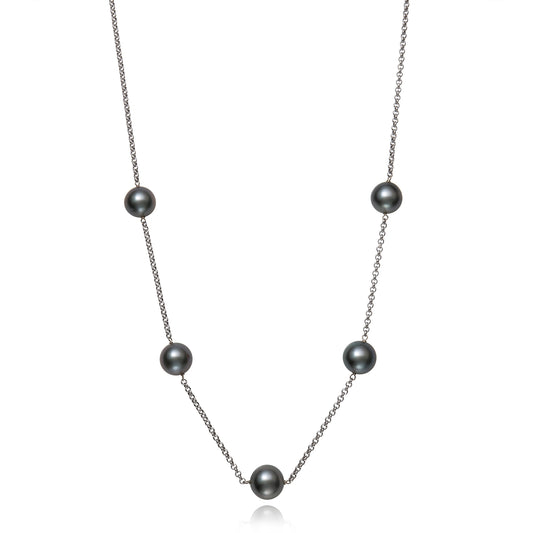 ReMARKable Designs Tin Cup Color Gemstone Necklace in 14 Karat White Gold with 5 Tahitian Grey Pearls 10mm-11mm