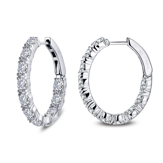 Platinum hoop earrings with simulated diamonds.