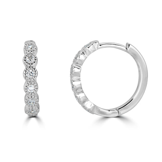 ReMARKable Designs Small Hoop Natural Diamond Earth Mined Diamond Earrings in 14 Karat White Gold with 0.13ctw Round Diamonds