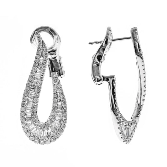 CIRARI Natural Diamond Twisted Hoop Earrings in 14 Karat White Gold with 0.80ctw G/H SI1-SI2 Baguette Diamonds