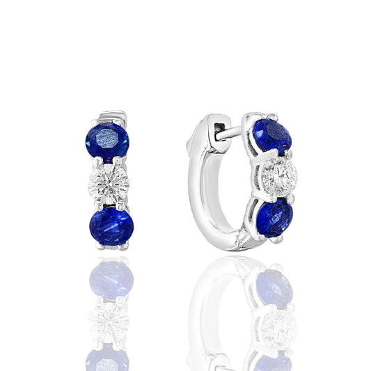 14K white gold hoop earrings, sapphires, diamonds.