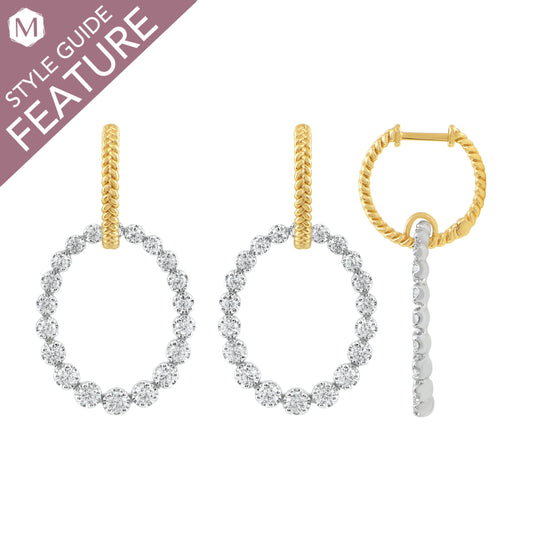 Dangle earrings with round diamonds, gold accents.