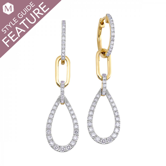 Yellow gold drop earrings with round diamonds.