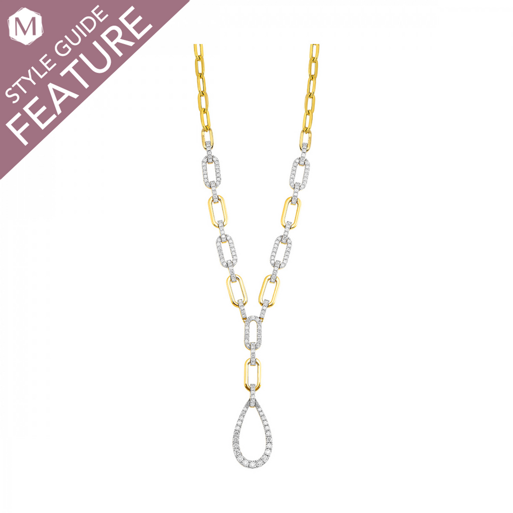 Yellow gold paperclip chain diamond necklace.