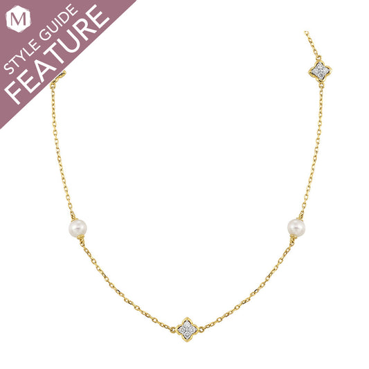 Yellow gold necklace with pearls and diamonds.