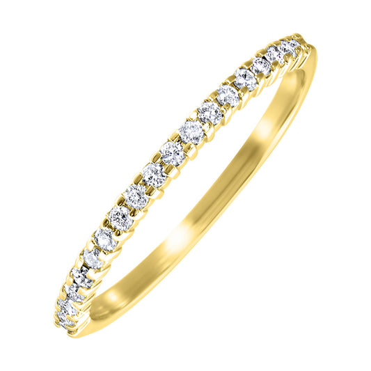 Yellow gold band with round diamonds.