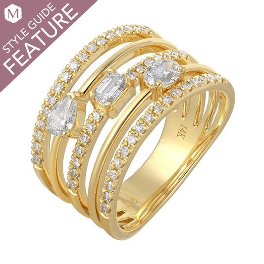 14K yellow gold ring with various diamonds.