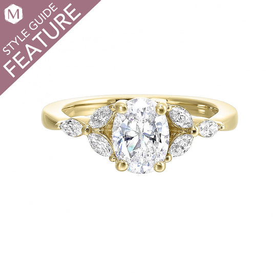 14K yellow gold ring, marquise diamonds.