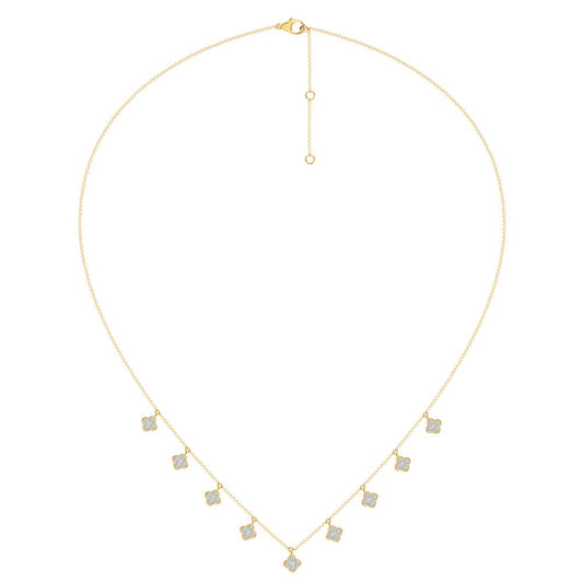 Clover design diamond necklace in yellow gold.