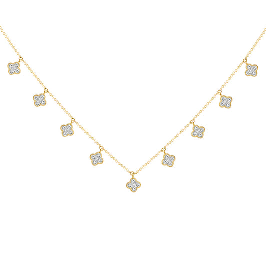 Clover design diamond necklace in yellow gold.