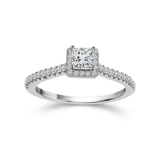 Princess-cut diamond engagement ring in white gold.