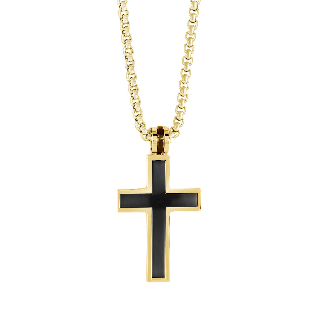 Yellow sterling silver cross necklace with black inlay.
