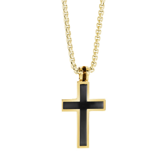 Yellow sterling silver cross necklace with black inlay.