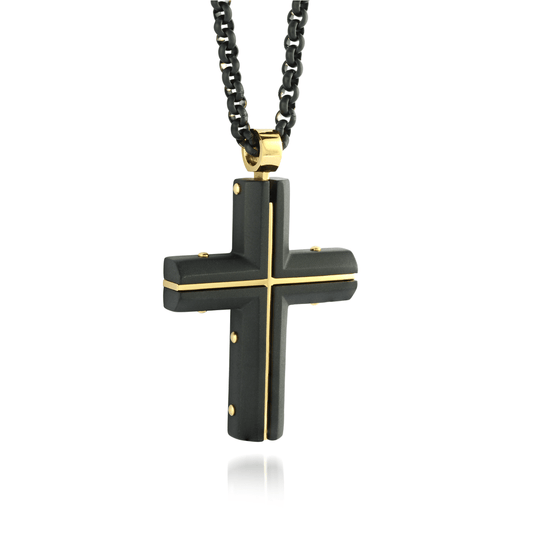 Black-yellow stainless steel cross necklace.