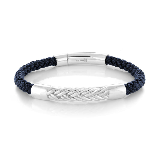 Blue braided leather bracelet with silver accents.