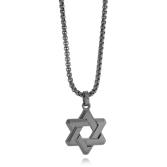 Black stainless steel Star of David necklace.