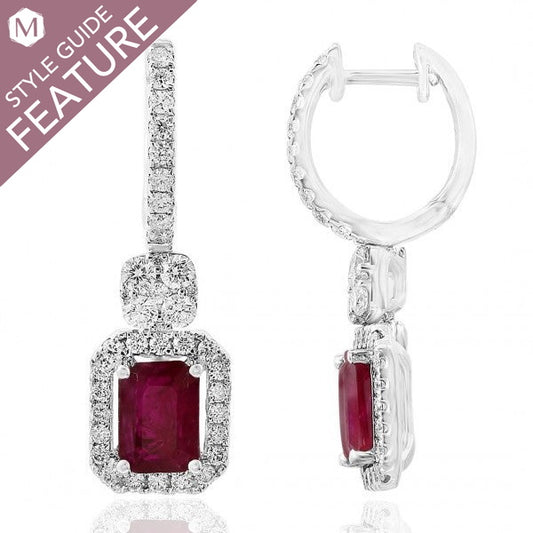 Emerald ruby earrings with diamond accents.