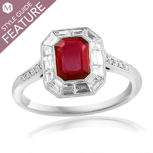 Emerald-cut ruby ring with diamonds.